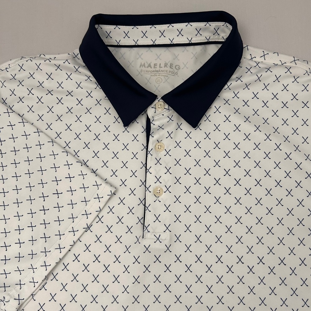 MAELREG Mens XL‎ Performance Polo Shirt White Navy Golf Club Print Short Sleeve